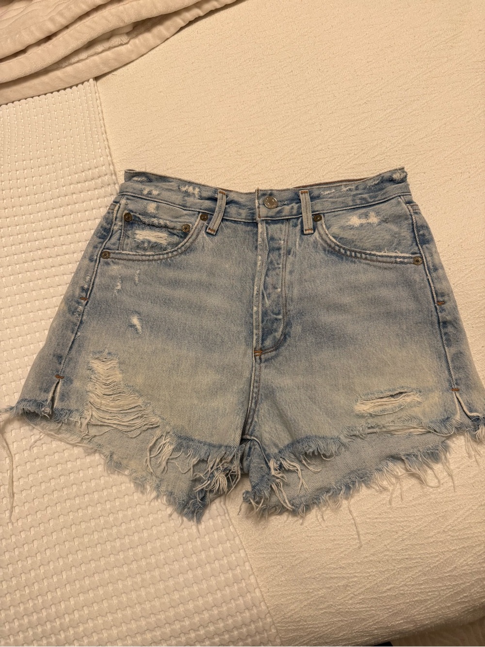Agolde Light Blue Distressed High-Rise Denim Shorts